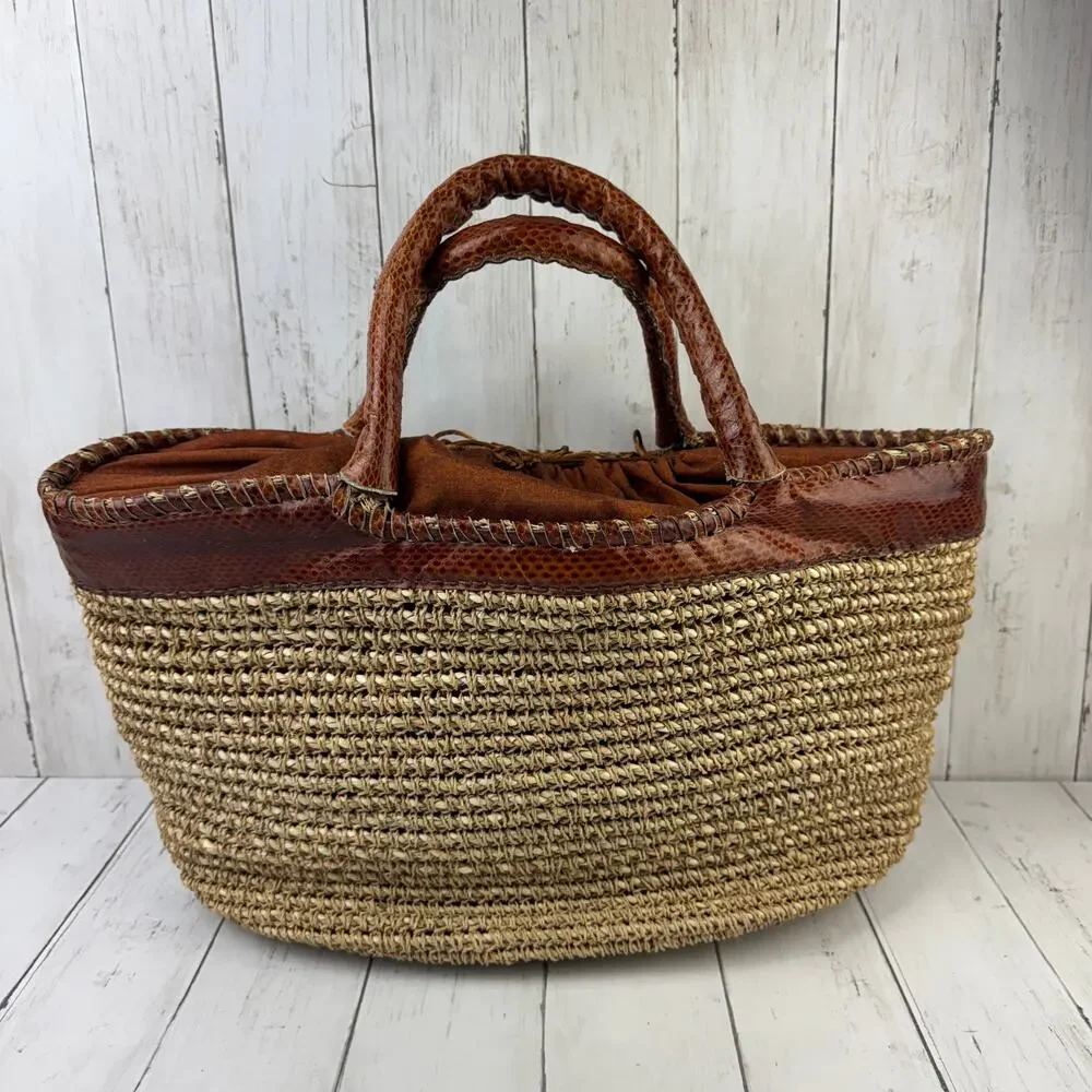 VTG Beirn Brown Cotton Raffia and Leather Trim Shoulder Tote Bag Hand Made